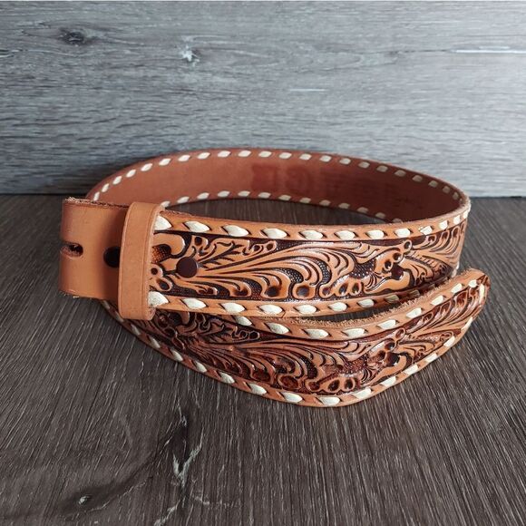 Justin Tooled Western Belt Customized "Joyce" No Buckle Size 30 - Picture 2 of 6